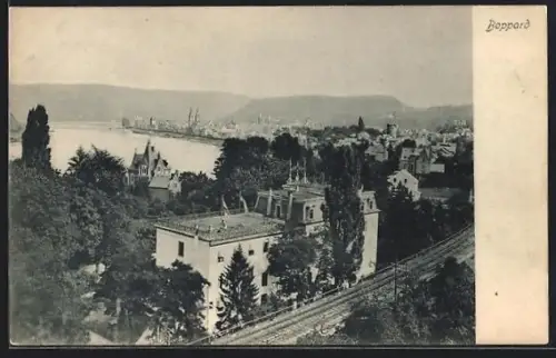 AK Boppard, Blick auf Stadt, Schienen und Fluss