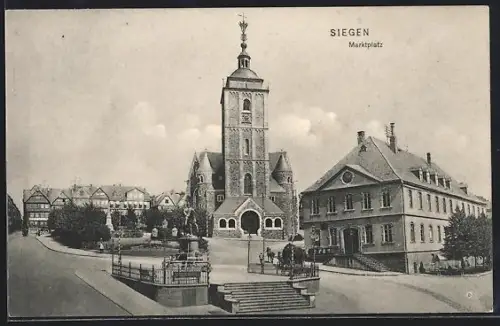 AK Siegen, Marktplatz mit Brunnen, Panorama