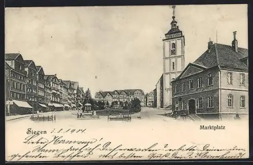 AK Siegen, Marktplatz, Panorama mit Denkmal, Turm, Geschäfte