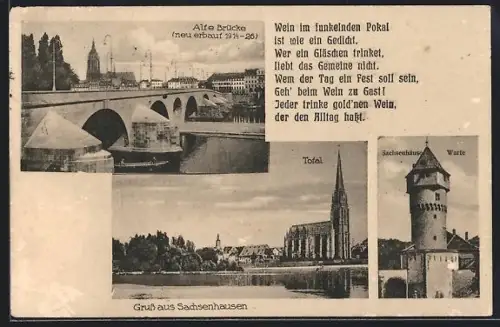 AK Frankfurt a. M.-Sachsenhausen, Alte Brücke, Sachsenhäuser Warte, Totalansicht