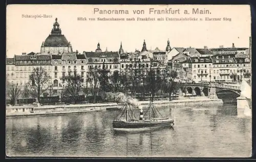 AK Frankfurt a. M., Panorama der Stadt mit Schauspielhaus, Untermainbrücke u. Eiserner Steg