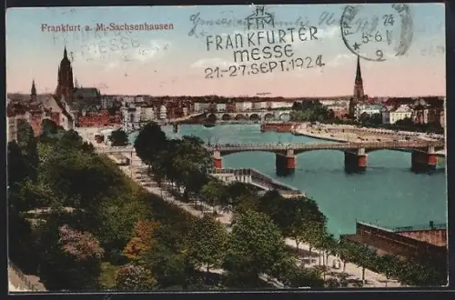 AK Frankfurt a. M.-Sachsenhausen, Ortsansicht mit Mainbrücken aus der Vogelschau