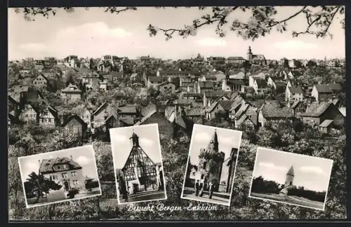 AK Frankfurt-Bergen-Enkheim, Totalansicht aus der Vogelschau, Türme, Fachwerkhaus