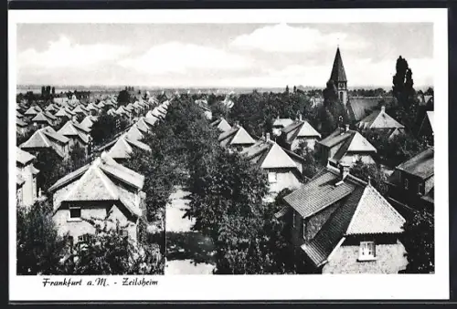 AK Frankfurt a. M.-Zeilsheim, Teilansicht mit Kirche und Strassenpartie