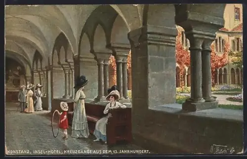 Künstler-AK Konstanz, Insel-Hotel, Kreuzgänge aus dem 13. Jahrhundert
