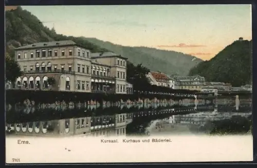 AK Ems, Uferpartie mit Kursaal, Kurhaus und Bäderlei