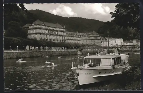 AK Bad Ems, Lahnpartie mit Schiffen und ufernahen Gebäuden