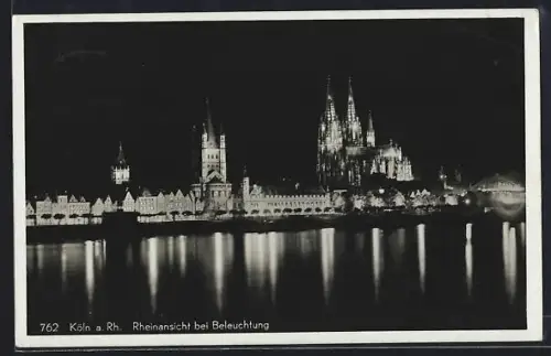 AK Köln a. Rh., Rheinansicht bei Beleuchtung