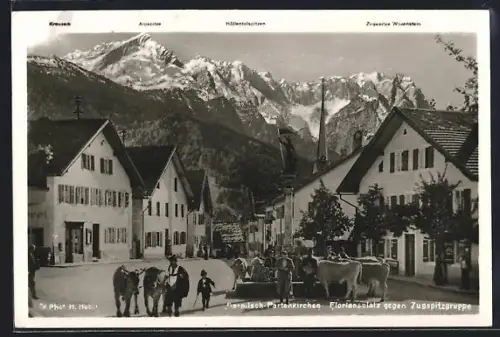 AK Garmisch-Partenkirchen, Floriansplatz gegen Zugspitze