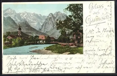 AK Garmisch, Uferpartie mit Bergen