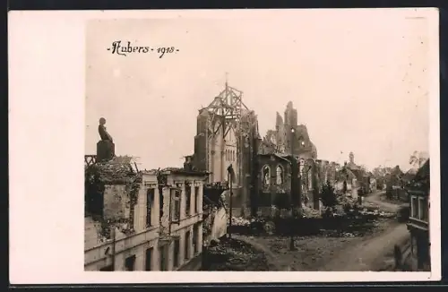 AK Aubers, Zerstörte Kirche 1915