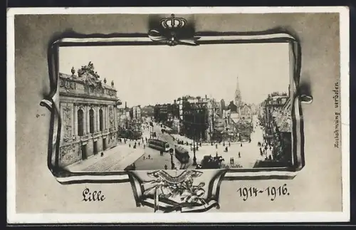 AK Lille, Platzpartie mit Strassenbahn