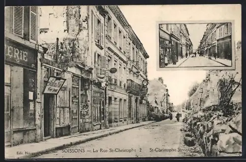 AK Soissons, La Rue St-Christophe et scènes de rue animée