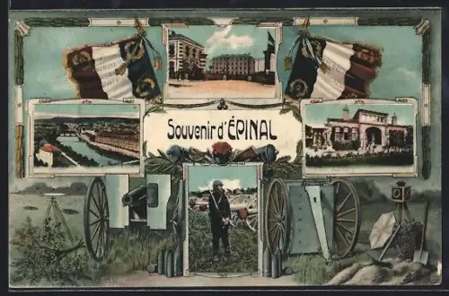 AK Laon, Souvenir de Laon, vue générale et de l`artillerie, un soldat