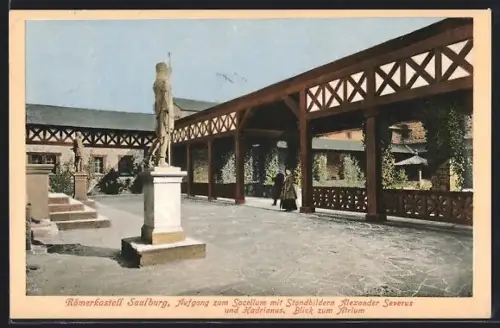 AK Saalburg / Taunus, Römerkastell Saalburg, Aufgang zum Sacellum mit Standbildern Alexander Severus und Hadrianus