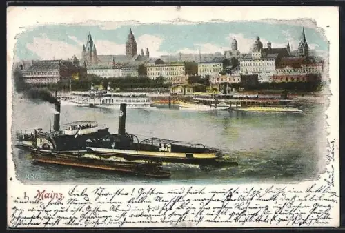 Lithographie Mainz, Dampfer auf dem Rhein mit Blick zum Dom