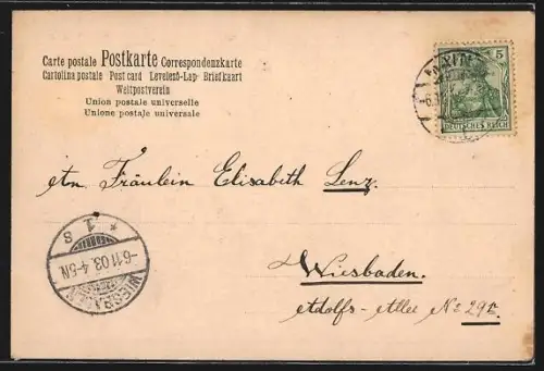 Lithographie Mainz, Dampfer auf dem Rhein mit Blick zum Dom