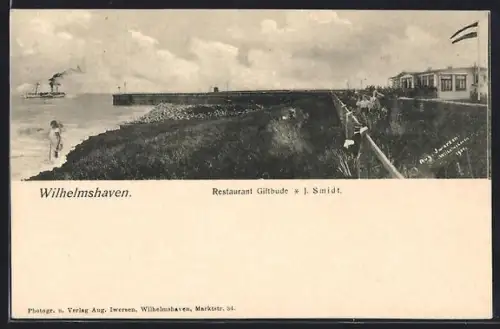 AK Wilhelmshaven, Restaurant Giftbude, J. Smidt, Raddampfer auf der Jademündung