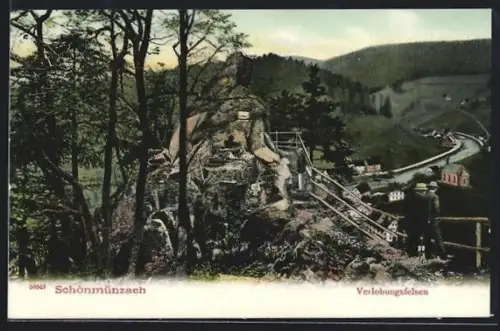 AK Schönmünzach, Verlobungsfelsen mit Blick in das Tal auf den Fluss