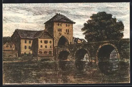 Steindruck-AK Limburg a. d. Lahn, Lanhnbrücke mit Turm