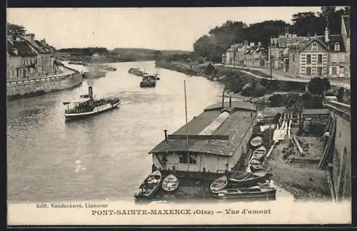 AK Pont-Sainte-Maxence /Oise, Vue d`amont avec bateaux sur la rivière et maisons en bordure