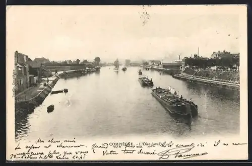 AK Compiègne, L`Oise avec des péniches naviguant sur la rivière