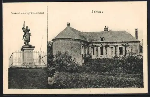 AK Beaulieu-les-Fontanes, Monument de Jeanne d`Arc et vue du château