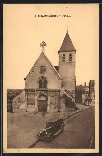 AK Chambourcy, L`Église avec une voiture ancienne au premier plan