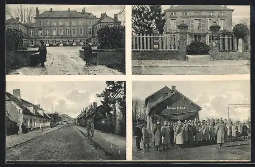 AK Guiscard, École et rue principale avec groupe de soldats devant la gare