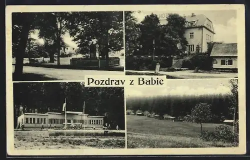 AK Babice, am Ehrenmal, Hotel, Blick über die Wiesen