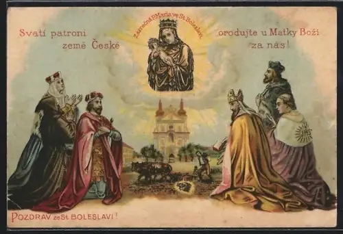 Lithographie Stara Boleslav, Svati patroni zeme Ceske orodujte u Matky Bozi za nas!