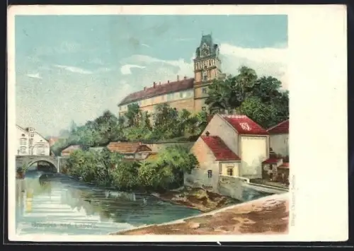 Lithographie Brandys nad Labem, Uferpartie mit Kirche