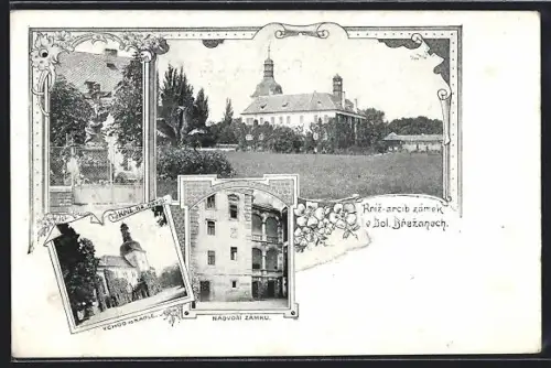 AK Dolni Brezany, Vchod do Kaple, Nádvori Zámku, Kriz na návsi