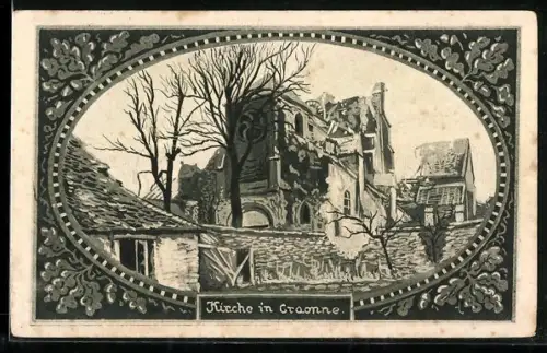 AK Craonne, Église en ruines entourée d`arbres dénudés