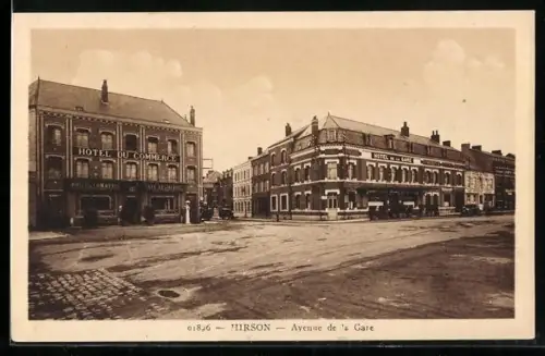 AK Hirson, Avenue de la Gare avec Hôtels du Commerce et de la Gare