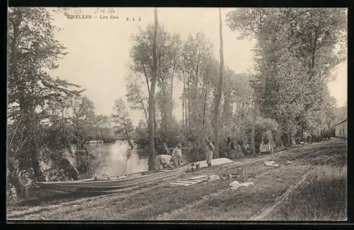 AK Chelles, Les Iles, Scène bucolique au bord de la rivière avec bateaux et linge séchant