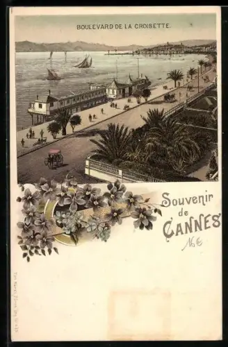 AK Cannes, Boulevard de la Croisette et vue sur la mer avec voiliers et calèches