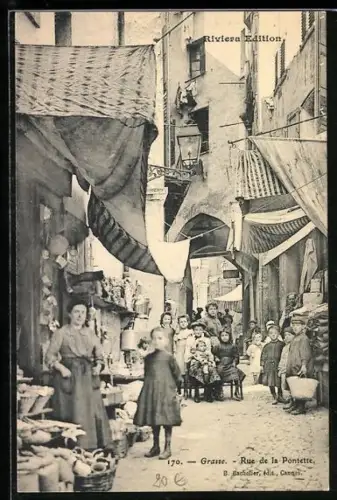 AK Grasse, Rue de la Pontette animée avec des habitants et des étals colorés