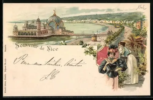 Lithographie Nice, Souvenir de Nice avec vue sur la mer et promenade animée