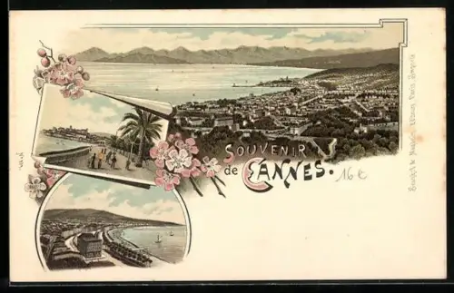 Lithographie Cannes, Vue panoramique et scènes côtières