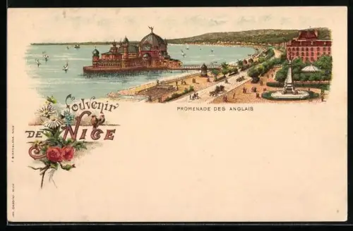 Lithographie Nice, Promenade des Anglais et vue sur le rivage avec pavillon et jardins