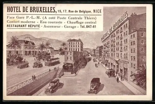 AK Nice, Hôtel de Bruxelles et rue animée avec voitures et palmiers