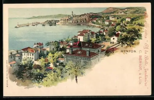 Lithographie Menton, Vue sur la ville et le littoral depuis les hauteurs