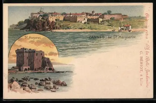 Lithographie Cannes, Île Ste Marguerite et vue de St Honorat
