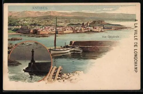 Lithographie Antibes, Vue Générale et Le Phare au Port