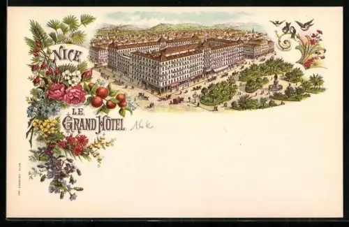 Lithographie Nice, Le Grand Hôtel et ses jardins fleuris