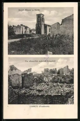 AK Parroy, Maisons et église détruites, image de guerre pittoresque et effrayante