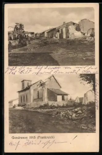 AK Gondrexon, Vue de la destruction du village en 1915 avec église endommagée