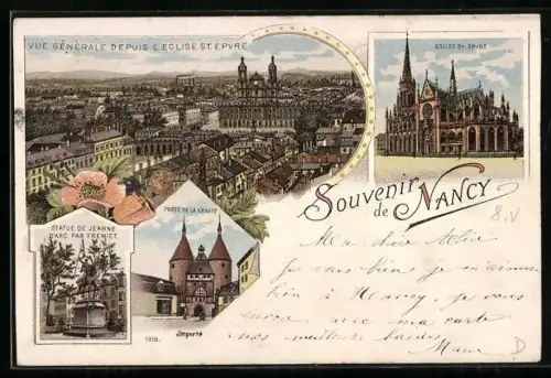 Lithographie Nancy, Vue générale depuis l`église St. Epvre, Porte de la Craffe et statue de Jeanne d`Arc