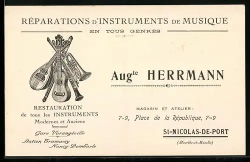 AK St-Nicolas-de-Port /Meuthe-et-Moselle, Réparations d`instruments de musique par Augte Herrmann